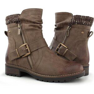 Hawkwell Womens Khaki Fashion Combat Ankle Booties With Side Zipper Buckle